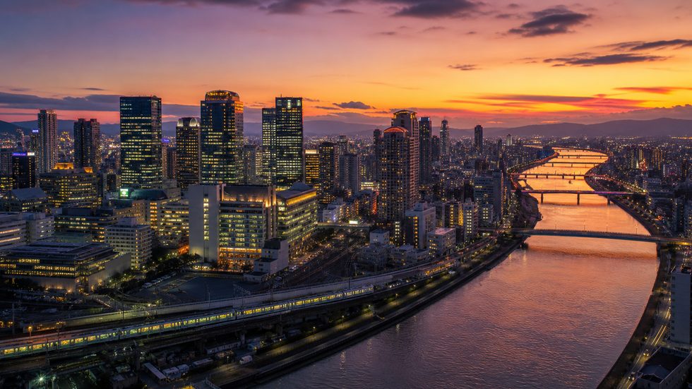 大阪・梅田の高層ビル群と川の夕景|チャットレディが働くエリアのイメージ