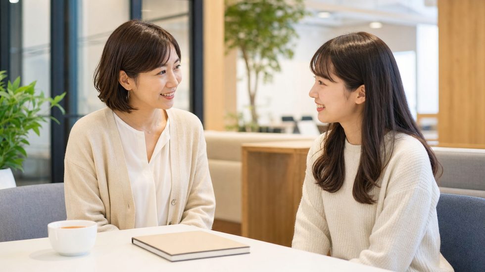 大阪・梅田のチャットレディ事務所で女性スタッフに相談する女性のイメージ
