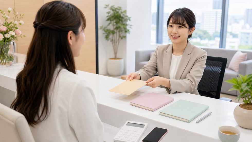 当日現金払いのイメージ。スタッフが来店者に報酬を手渡している
