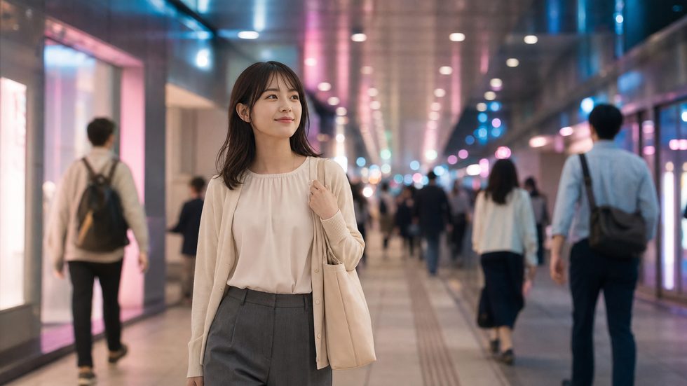 梅田地下街を夕方に通勤する女性のイメージ(チャットレディ事務所への地下街直結ルート)
