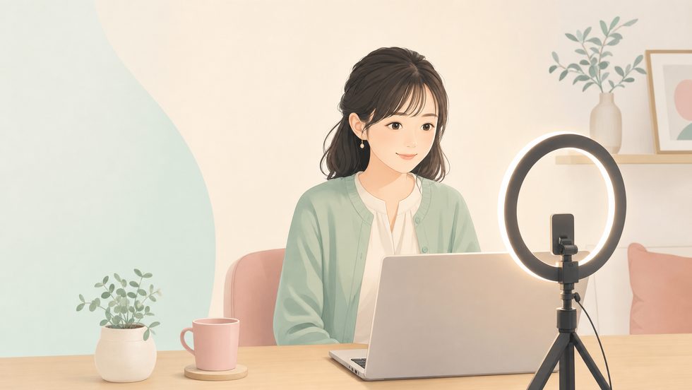 リングライトの前でオンラインチャットを行う女性(チャットレディデビュー初日のイメージ)
