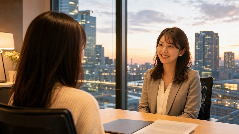 チャットレディ事務所の女性スタッフが新人に身バレ対策や働き方を説明している様子