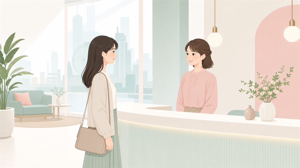 大阪・梅田のチャットレディ事務所の受付で女性スタッフに出迎えられる女性の様子