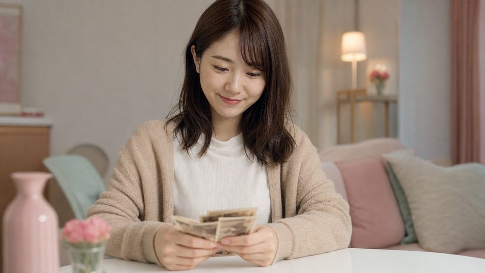 チャットレディの日払い報酬として受け取った現金（日本円）を数える手元