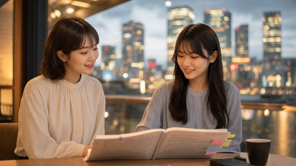 チャットレディの会話力マニュアルを使った女性スタッフによるマンツーマン指導の様子