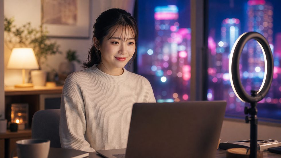 在宅チャットレディの夜の配信環境 - デスクにリングライトとパソコンをセットした様子