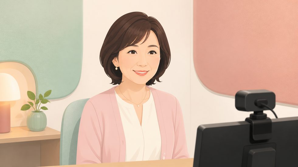 40代の女性キャストがプロの照明環境でビデオチャット対応している様子