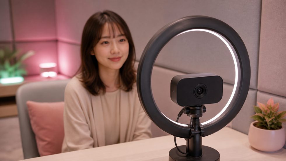チャットレディ個室に設置された美肌フィルターカメラとリングライトのセットアップ