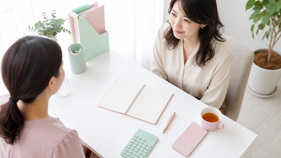 ミント大阪の女性スタッフが新人メンバーにマンツーマンで会話指導をしている様子