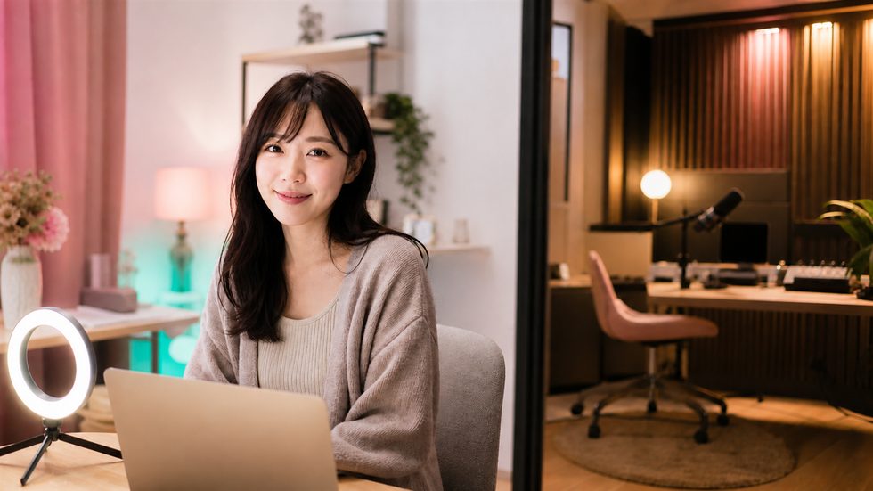 在宅チャット配信の自宅デスク環境（リングライト・ノートPC）
