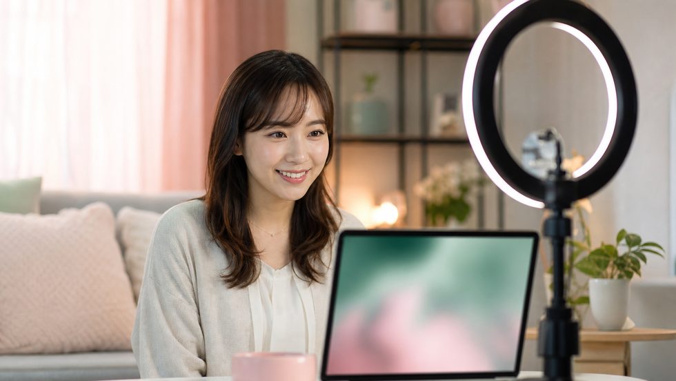 在宅チャットレディの配信環境セットアップ（リングライト・バーチャル背景・ノートPC）