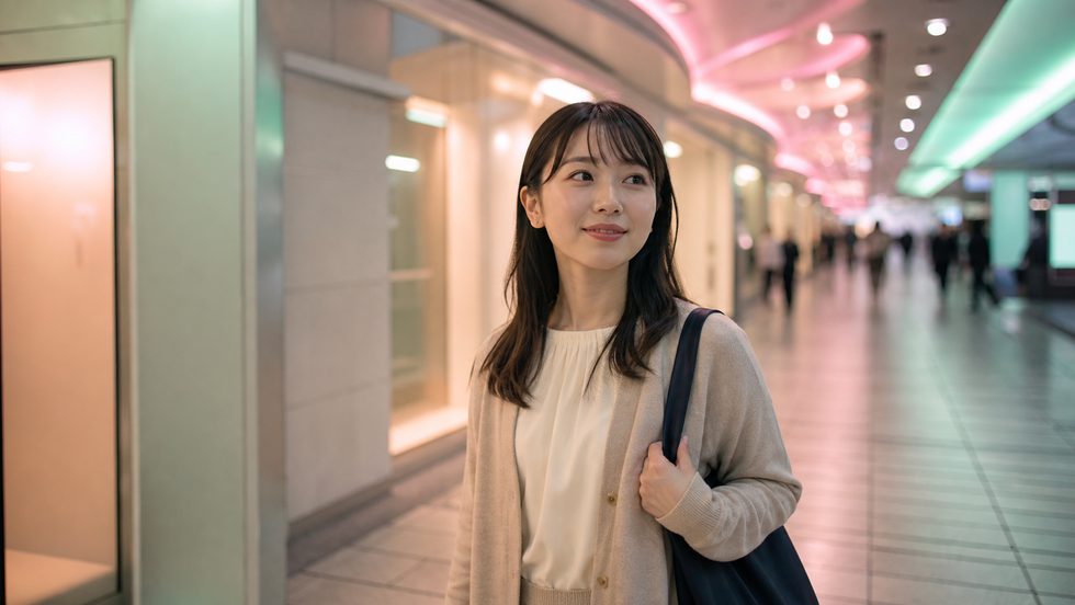 授業後の夕方に梅田地下街を歩く大学生のイメージ（チャットレディ通勤タイムライン）