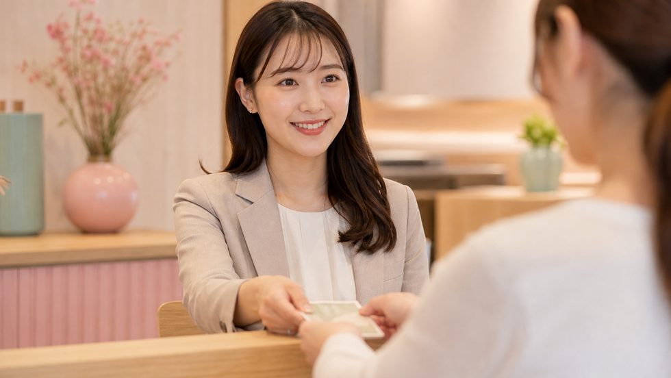 チャットレディの日払いで現金を受け取るシーン(事務所の窓口での手渡し)