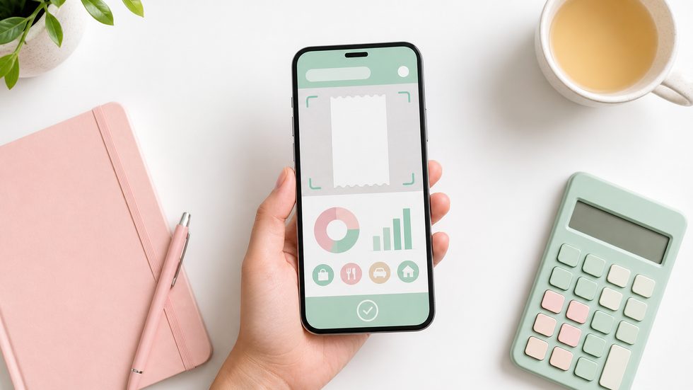 スマートフォンのレシート読み取りアプリで経費を記録している個人事業主のイメージ