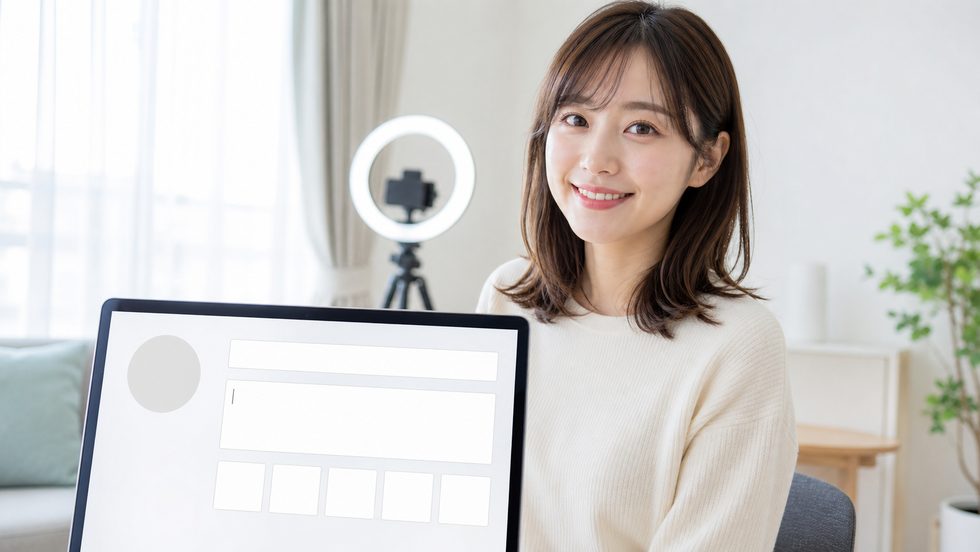 チャットレディのプロフィール作成画面(自己紹介文と写真を編集している様子)
