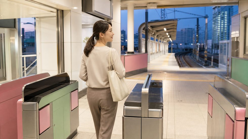 仕事帰りに京橋駅の改札を通る女性のイメージ（梅田方面へ向かうルート）
