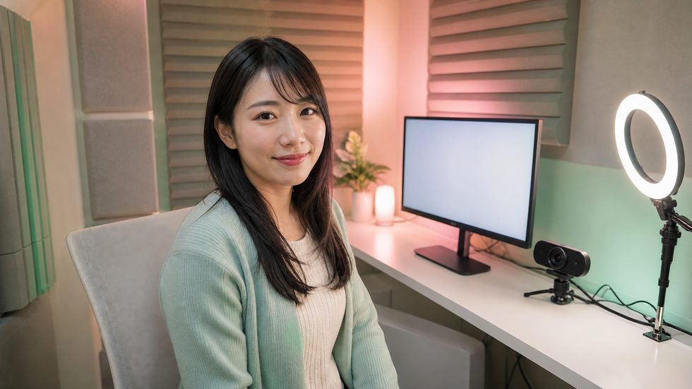 チャットレディ事務所の防音完全個室ルームの内装（ウェブカメラとリングライト設置・大阪梅田）