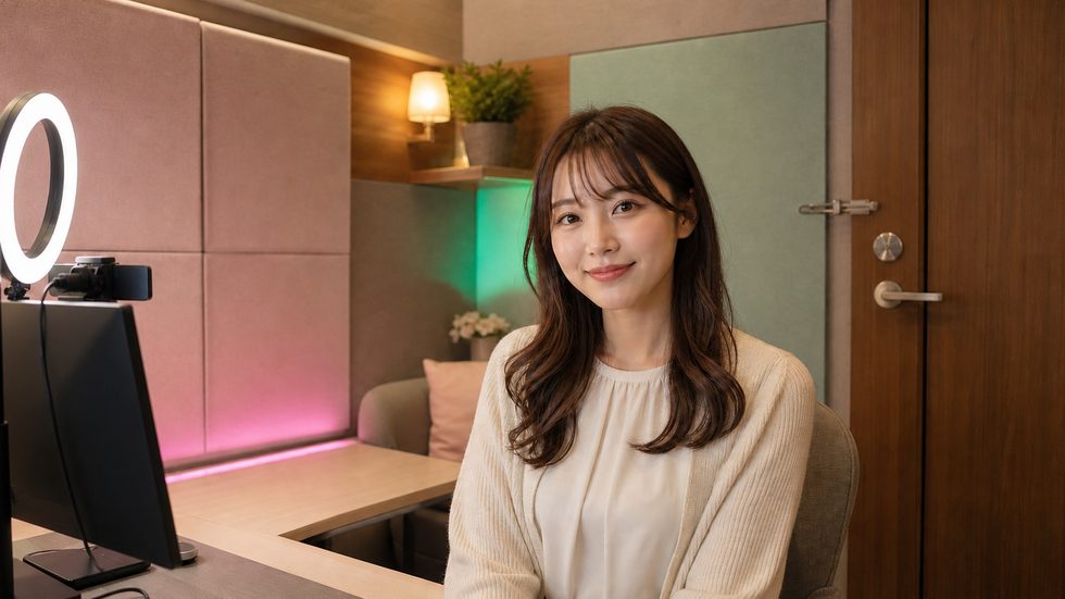 チャットレディの完全個室ルームの内装（防音・施錠・リングライト設置の様子）