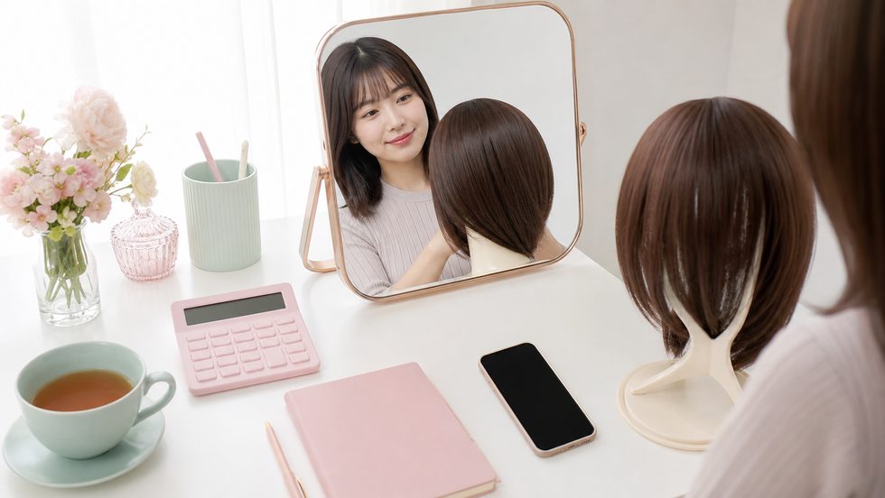 チャットレディの稼働日・ウィッグをつけて配信準備をする様子