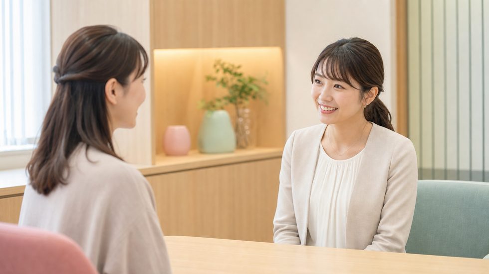 チャットレディ事務所でスタッフとマンツーマン相談をしている女性