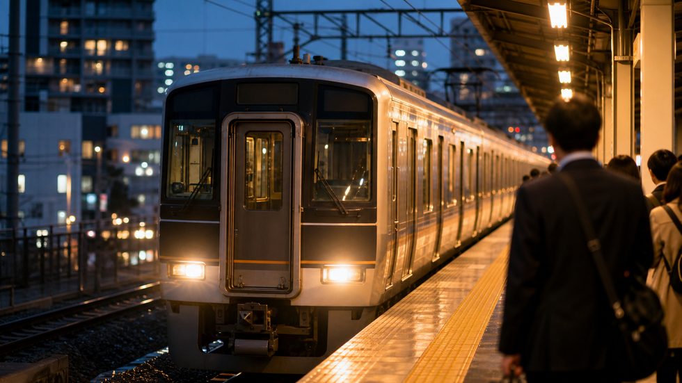 南海高野線の急行電車がホームに到着する様子（堺東から梅田への通勤ルートのイメージ）