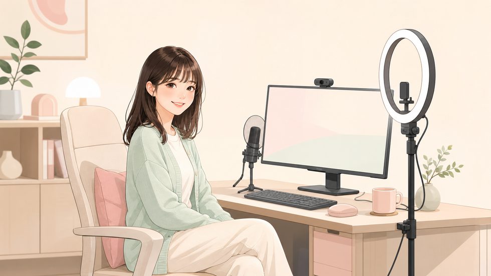 チャットレディが個室でリングライトの前に座りパソコンで配信している様子