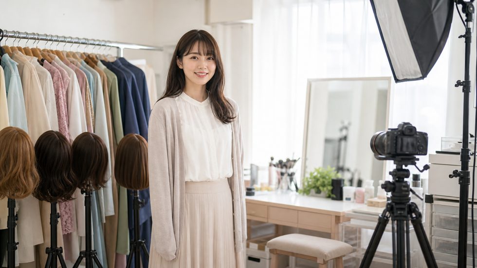 事務所の衣装・ウィッグ無料レンタルコーナー(身バレ対策の加工カメラ設備)