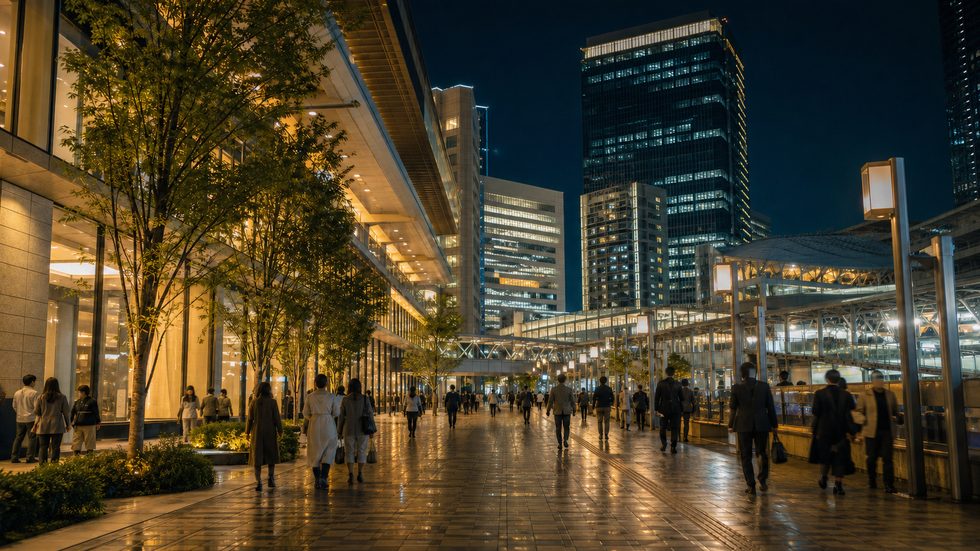 梅田駅周辺の夜の様子(人通りのある明るい通り)