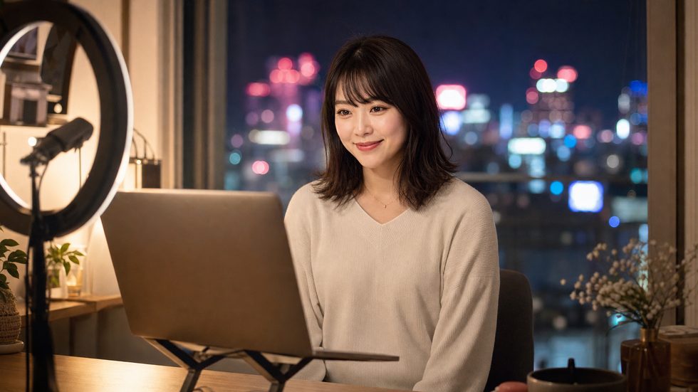 チャットレディの在宅配信環境のセットアップ例(自宅デスク・リングライト・スマホまたはパソコン)