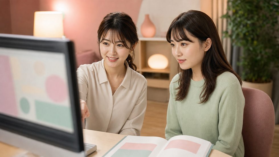 元チャットレディのスタッフによるマンツーマン指導の様子（会話力マニュアルを使ったレッスン）