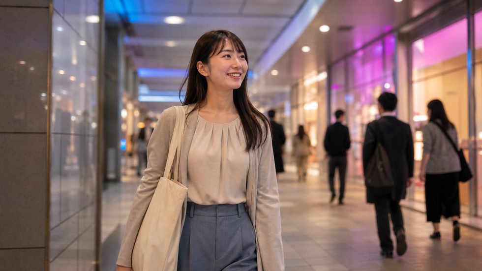 梅田地下街を通って副業先へ向かう女性のイメージ(チャットレディ事務所への通勤ルート)