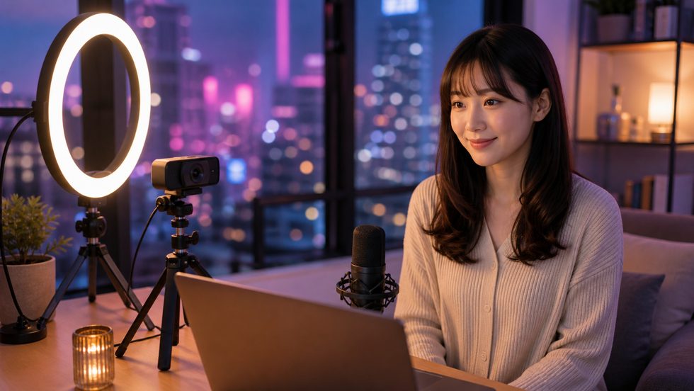在宅チャットレディの自宅配信環境セット(リングライト・外付けウェブカメラ・USBマイク)デスク例
