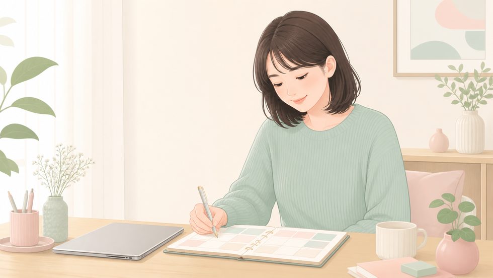 在宅ワーク自己管理用の手帳と週間スケジュール帳を書く女性(チャットレディの稼働計画)