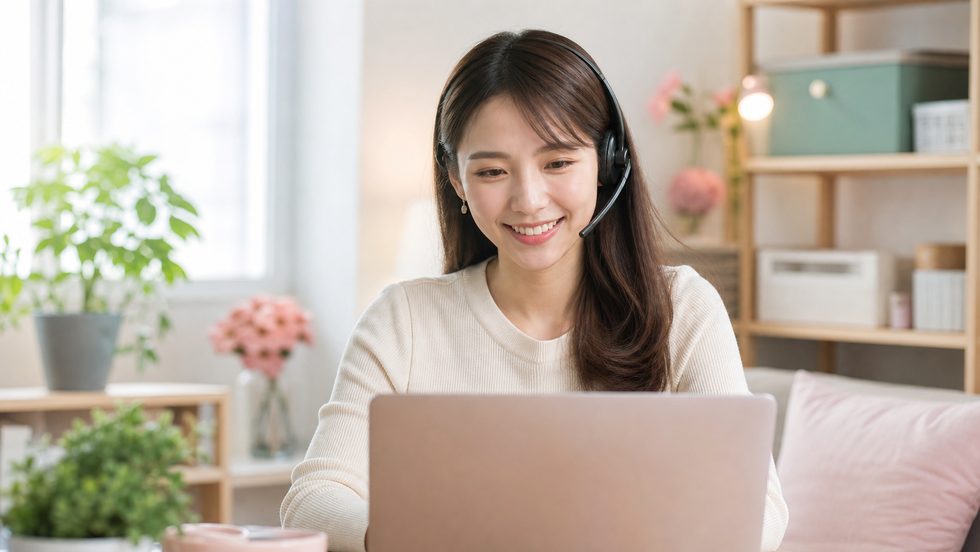 在宅チャットレディが自宅パソコンで稼働している様子(ヘッドセット着用・昼間の自宅)
