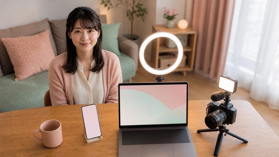リモ活の種類別の作業環境(スマホ・ラップトップ・リングライト)を並べた比較イメージ