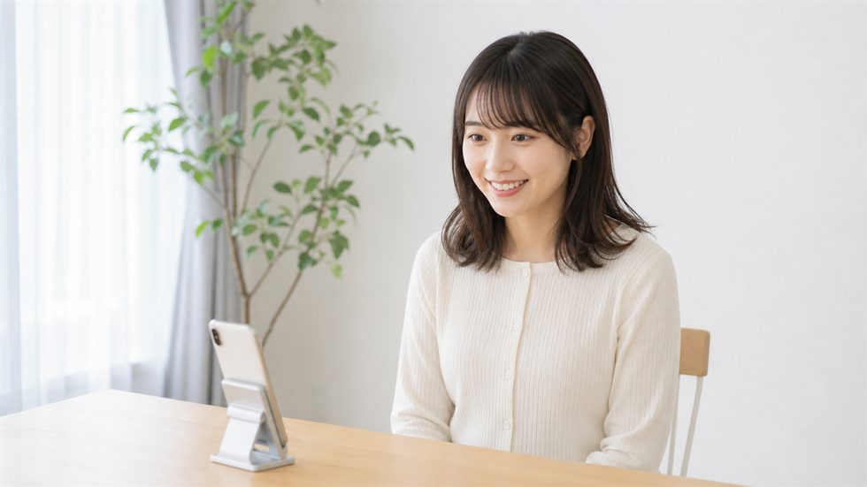 スマホ1台でチャットレディの仕事を始めるイメージ(在宅・シンプルな背景)