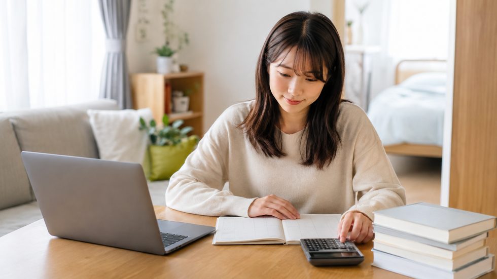 大学生が学費と生活費の内訳をノートに書き出している様子