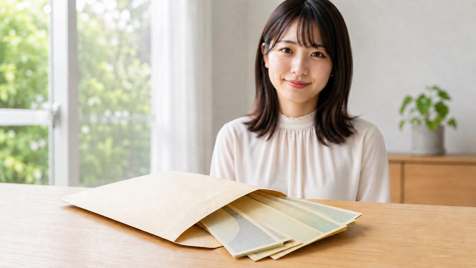 日払いで受け取る現金（封筒に入った日本円の紙幣）