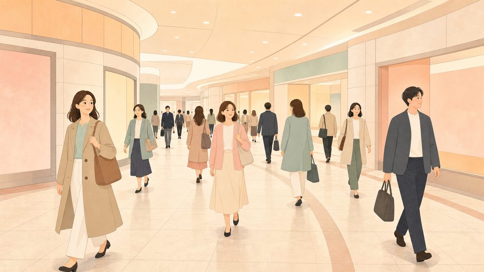 梅田駅の地下街を歩く通勤風景（雨に濡れずに事務所へ）