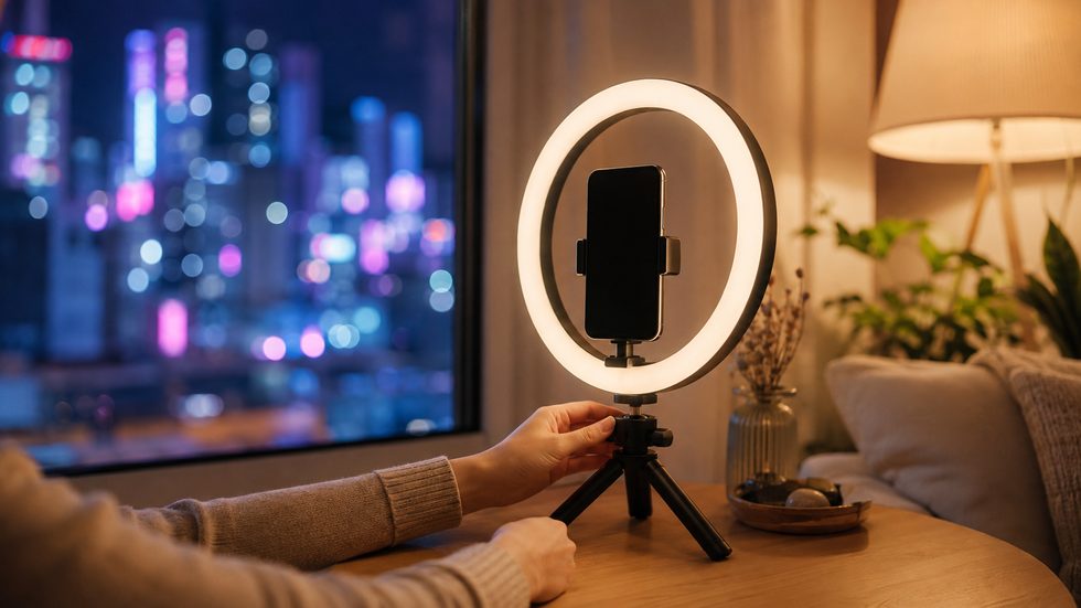 チャットレディのプロフィール写真を撮るスマホ三脚とリングライト