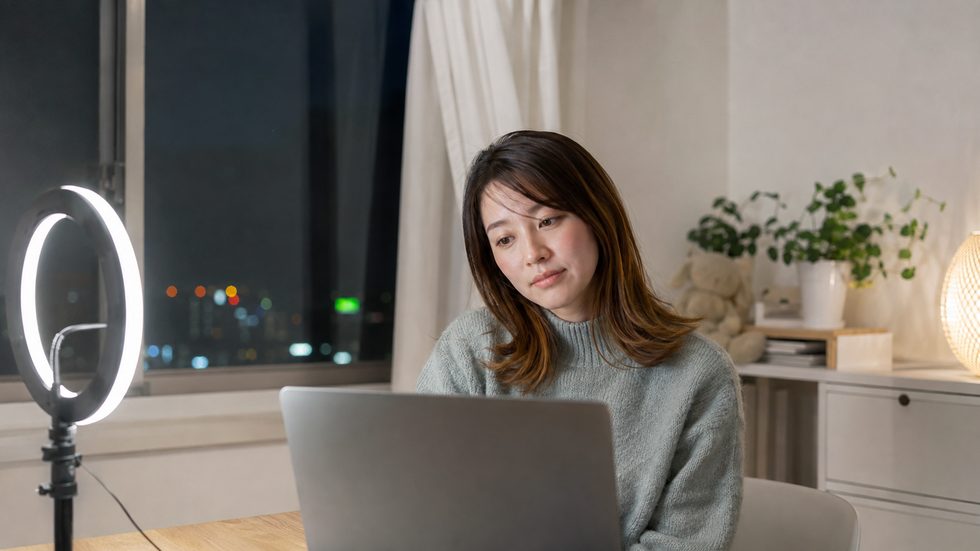 待機中に疲れて画面を見つめるチャットレディのイメージ(個室のリングライトとノートパソコン)