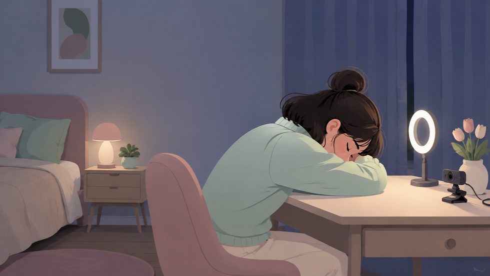 在宅チャットレディの夜の配信環境(自宅の机に置いたウェブカメラとリングライト)