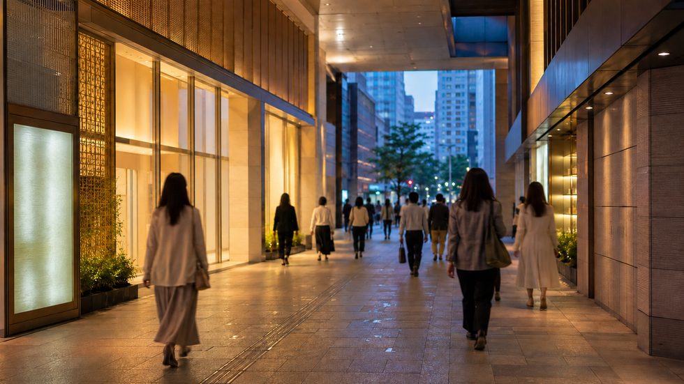 梅田駅の地下街から事務所へ向かう夕方の通勤風景(大阪・梅田)