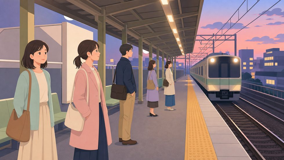 近鉄奈良駅のホームで大阪方面の電車を待つ通勤風景（夕方）