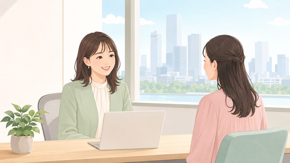 大阪のチャットレディ事務所での面接・相談風景(デスクとスタッフ)