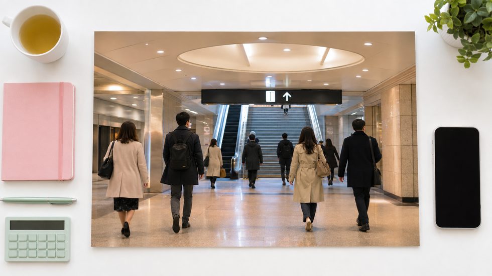梅田駅の地下街出口付近の通勤風景(ミント大阪へ徒歩1分)