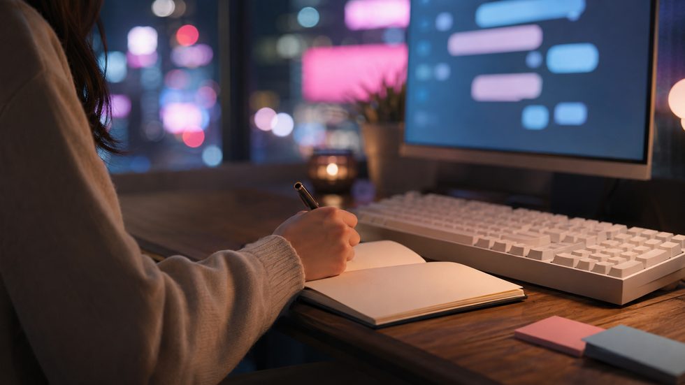 チャットレディの会話メモをノートに書いている手元