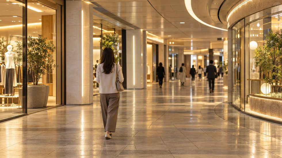 梅田の地下街を歩く若い女性(通勤イメージ・夕方の明るい地下通路)