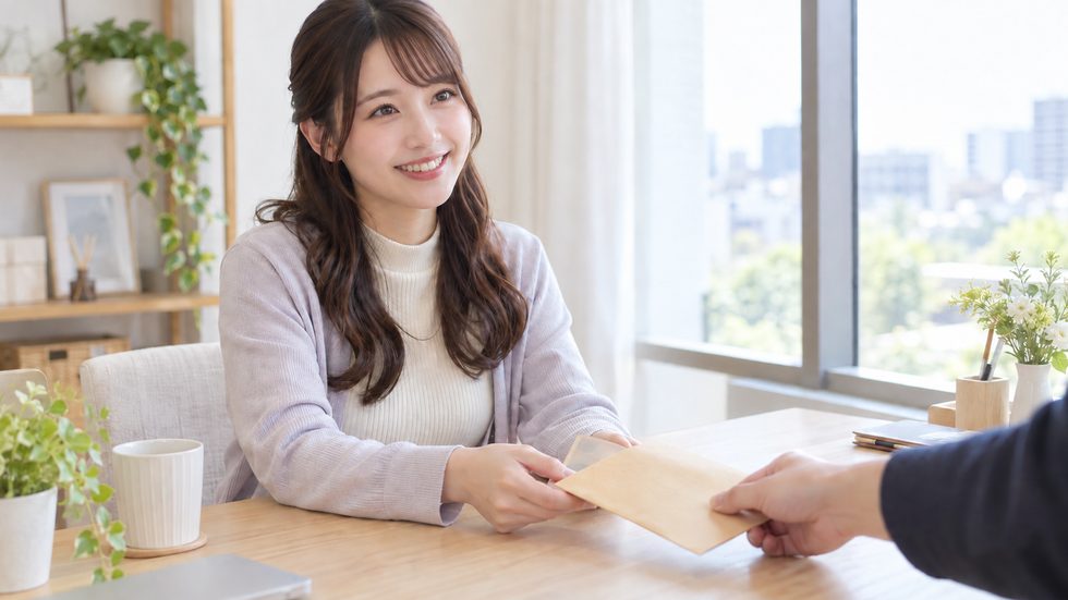 日払いで現金を受け取る手元(封筒と紙幣・当日払いのイメージ)