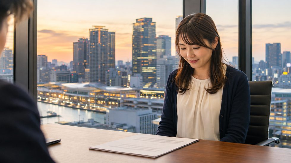 チャットレディ事務所の面接で契約書を確認する女性